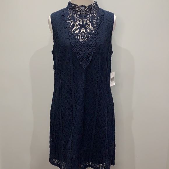 NWT- Jodi Kristopher Navy High Neck Crochet/Lace Dress - Picture 1 of 7
